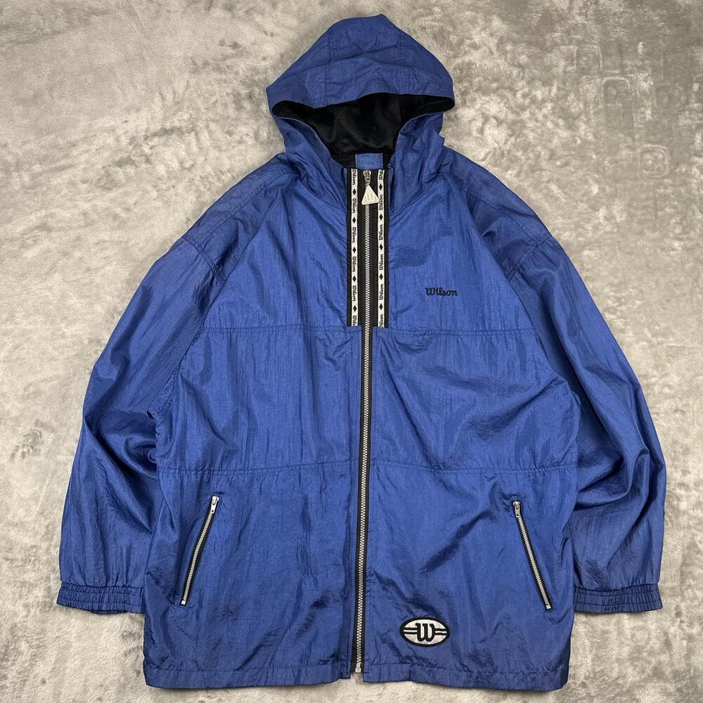 Vintage Wilson Full Zip Athletic Hoodie Windbreaker Track Blue Jacket Mens XL